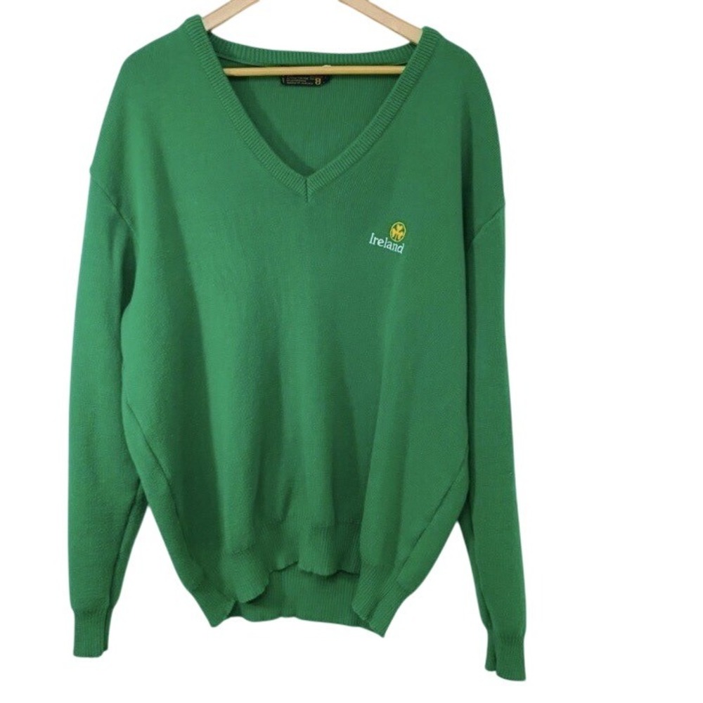 Glencree Green Sweater Shamrock Logo XL Men V Neck Long Sleeve‎ Made in Ireland